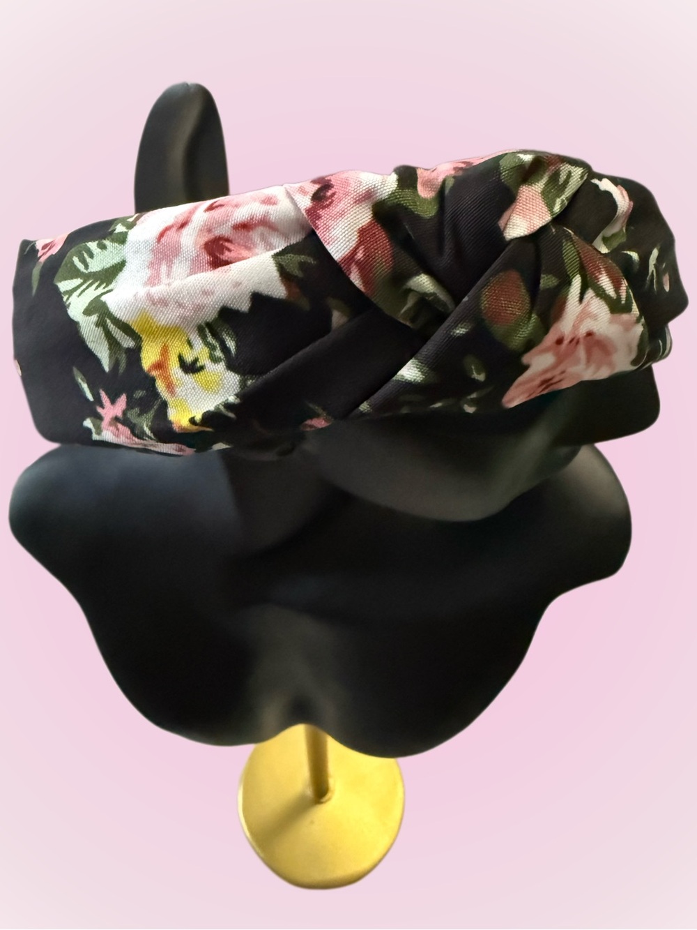 Floral Twist Knot Headband - Black with Pink & Green